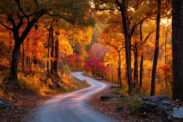 Winding road through trees with orange and red leaves at sunset in autumn season