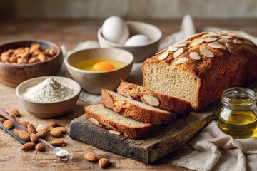 Low carb keto friendly almond bread for paleo diets on a wooden board with baking ingredients