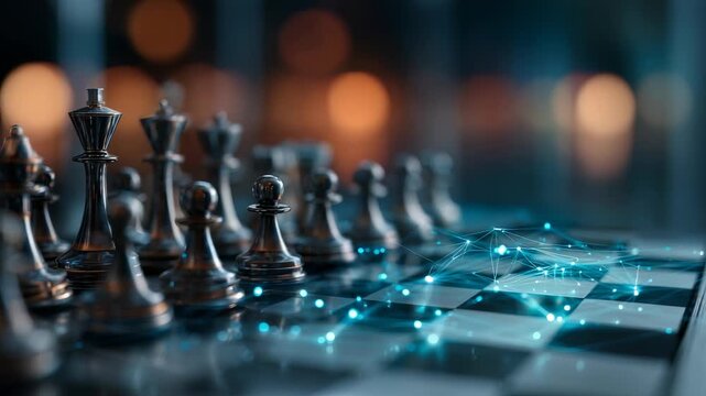 A high tech chessboard features illuminated network lines among classic chess pieces, representing AI innovation and digital strategy. The scene blends futuristic ambiance with timeless chess