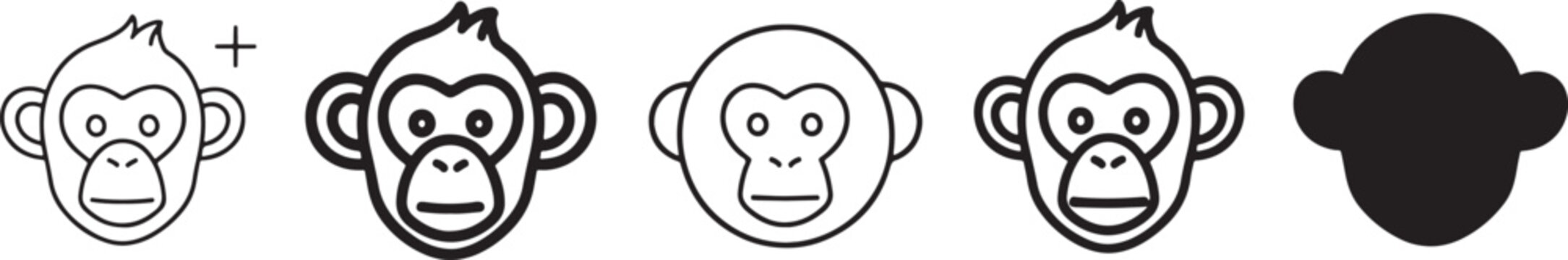 A collection of monkey head icons illustrating various design styles from thin-line to silhouette Vector