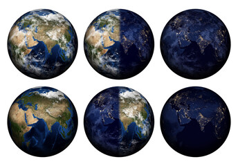 Planet Earth isolated on white. Equinox. Europe, Asia and Africa. Planet Earth at night and day, view from space. 