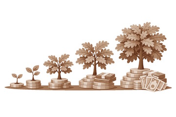 Sepia toned oak tree and money concept symbolizing long term financial growth and stability
