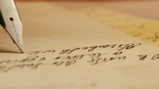 Fountain pen write letter, document sign on an antique handwritten letter. Vintage nib pen and handwritten english cursive style font copperplate, spencerian. Old history background. Retro style.