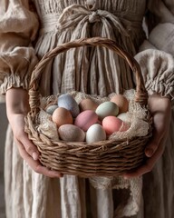 Person holds a woven basket filled with colorful eggs in a simple setting during spring season