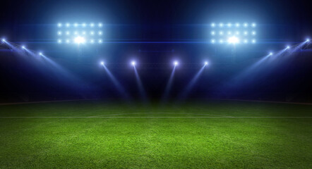 Soccer stadium field. Sports stadium with a green grass field shines and spotlights. Football...