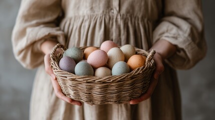 Holding a basket of colored eggs in natural light in a simple indoor setting during springtime