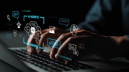 Hands typing on a keyboard with artificial intelligence icons and symbols showcasing the concept of AI agents and technology in a dark environment Gluon. - Powered by Adobe