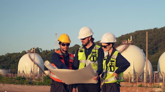 Team reviews plans on construction site during daylight in energy facility