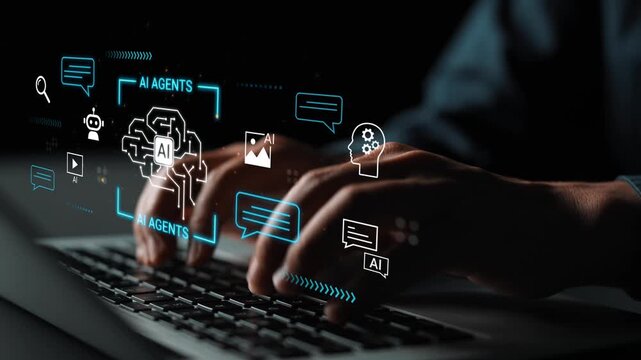 Hands typing on a keyboard with artificial intelligence icons and symbols showcasing the concept of AI agents and technology in a dark environment Gluon.