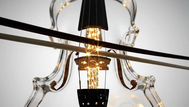 Artistic glass violin being played by bow, internal lights sparkling in studio.