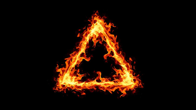 Flaming triangle symbol on black background warning sign