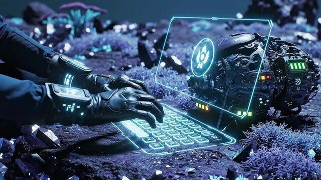 Alien technician interacting with holograms, Martian engineer manipulating luminous digital interface, Foreign meadow technician operating glowing holographic control panel with robotic assistant