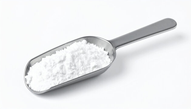 Metal scoop with white powder. Hydrolyzed collagen, sodium benzoate, citric acid, calcium carbonate