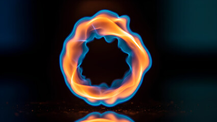 Vibrant blue and orange flame ring on dark background with reflection