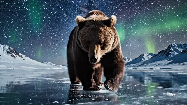 Brown Bear Walking on Ice under Aurora Borealis.