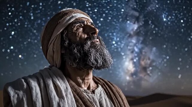 Portrait of Abraham looking up at the starry night sky in a desert. Ancient biblical prophet gazing at the Milky Way with faith and awe