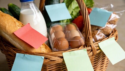 Grocery basket filled with fresh produce, dairy, and baked goods, featuring colorful sticky notes...