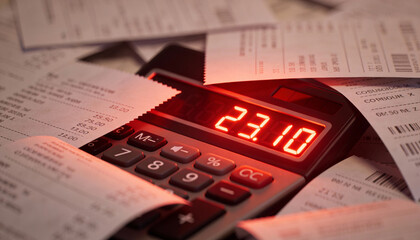 Calculator displaying total amount of 23.10 surrounded by numerous receipts, illustrating financial management and expense tracking in a busy workspace environment