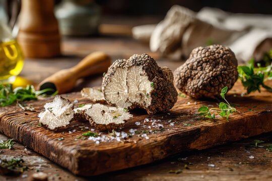 Macro close-up of a white truffle on a rustic wooden board with sea salt and olive oil