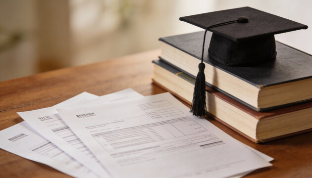 Graduation cap placed on stacked books beside documents on a wooden table, symbolizing academic achievement and educational success in a scholarly environment