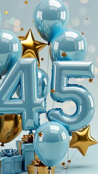 Celebration with floating blue and gold balloons and gift boxes for 45th anniversary