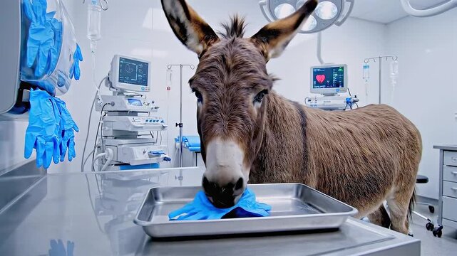 Humorous animal exploration, Funny animal character explores clinical surgical tools, Amusing animal adventure takes place inside sterile veterinary operating space filled with medical devices