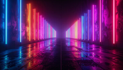 couloir futuriste avec n&eacute;on color&eacute; et reflet sur sol mouill&eacute;