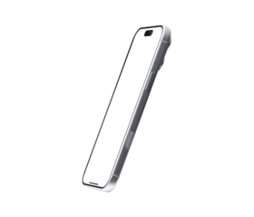 Side view of smartphone mockup with transparent screen isolated on transparent background. Mobile phone with empty display for copy space.