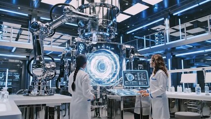 Experts supervise robotic and holographic technologies during studies, Skilled researchers supervise control systems and holographic interfaces throughout scientific investigations and experiments - Powered by Adobe