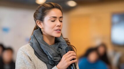 A senior Latina technician providing a workshop on cable safety and organization to a mixed-age audience, fostering empowerment and learning, warm indoor lighting, medium shot, community education