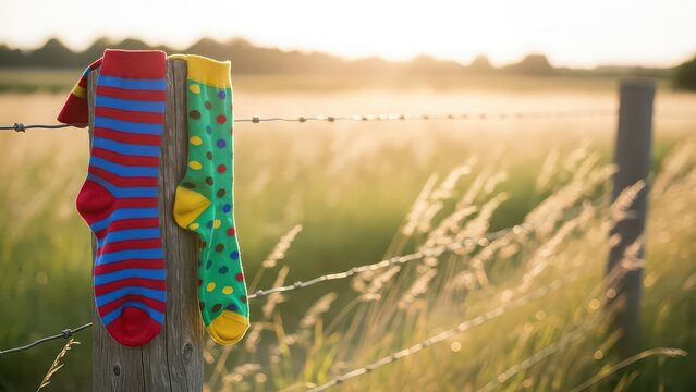 Vibrant socks hanging on rustic fence in sunny field - Powered by Adobe