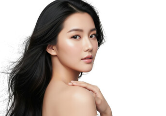 Beautiful asian woman with long dark hair isolated on transparent background