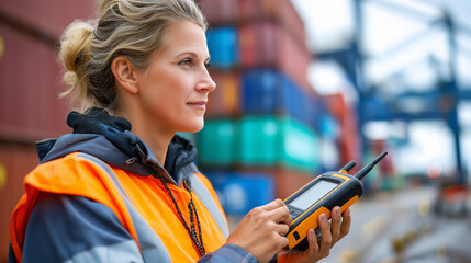 Logistics coordinator talking radio, front stacked containers shallow, depth field communication display, port operations coordination, maritime management moment, with copy space