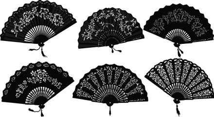 Handheld folding fan silhouettes with tassels and intricate lace, floral, and geometric designs for traditional cultural vector illustration themes © MstRajina