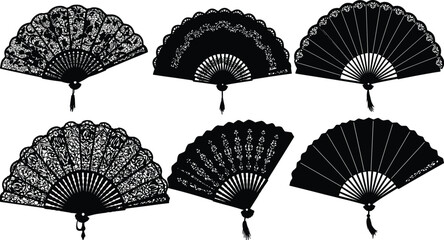 Handheld folding fan silhouettes with tassels and ornate, geometric, and lace-like designs for traditional cultural vector illustration and decoration themes © MstRajina