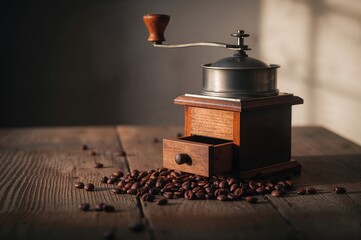 Warm daylight touches the grinder as scattered beans shape a quiet morning ritual