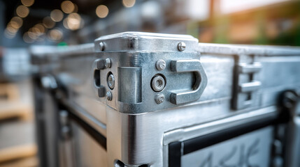 Closeup container corner casting, locking mechanism industrial detail, cargo securing system display, maritime equipment component, logistics hardware moment, with copy space