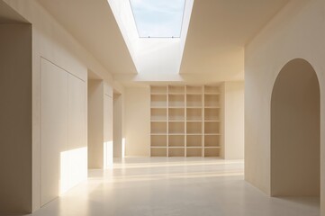 Warm skylight drifts across pure white walls creating serene minimalist depth throughout the hallway