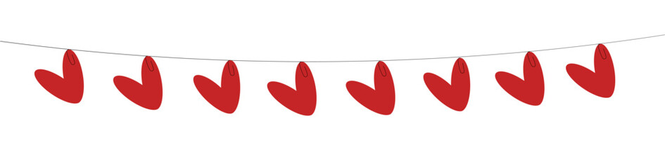 Red heart garland hanging on string with paper clips for Valentines Day party decor wedding invitations love notes scrapbook pages and romantic social media posts