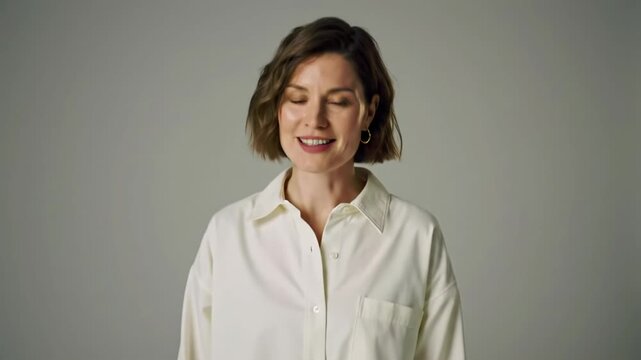 Young caucasian professional woman with short wavy brown hair in white button-up shirt, smiling confidently in a minimalist studio with bokeh. Concept of professional leadership