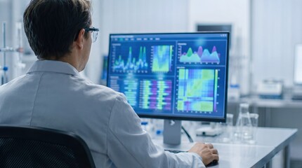 Male Scientist Analyzing Data on Computer Monitor in Modern Laboratory