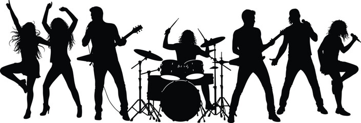 Live music band silhouette, concert performers group, rock musicians playing instruments, dancers singing, stage show energy, entertainment vector art