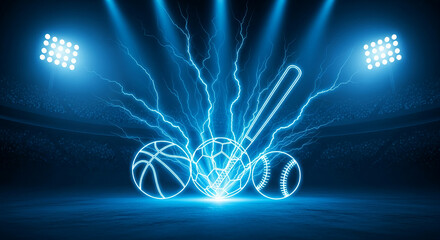 Luminous blue outline of baseball, basketball, soccer ball, and baseball bat on the floor, surrounded by lightning, representing energy and competition