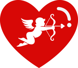 A red heart with a white cupid aiming an arrow on transparent background