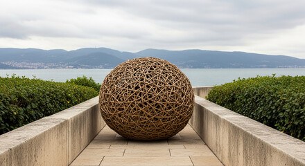 Large sphere made of interwoven branch, outdoor on a stone platform, overlooking water, symbolizes global interconnectedness, nature, art, destination