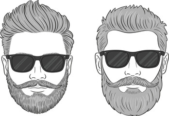 Hand drawn bearded man face with sunglasses vector illustration, hipster barber shop mascot set for branding