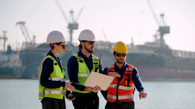 Workers meet at the dock to discuss project details about shipping and cargo operations