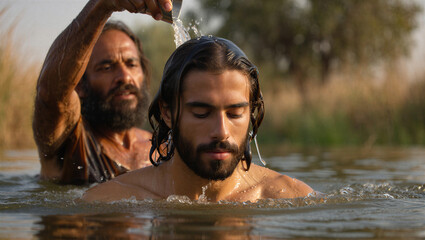 Jesus baptism, serene mood, being baptized, at the Jordan River