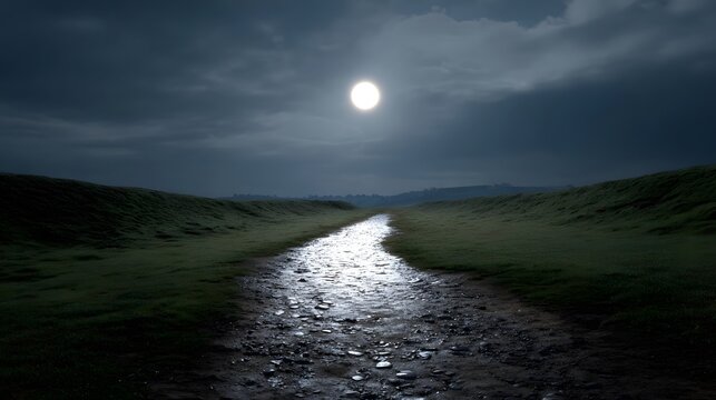 A luminous full moon shines over a wet reflective path winding through a dark grassy landscape under cloudy skies at night - Powered by Adobe
