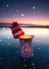self created maritime lantern with knitted hat in winter season